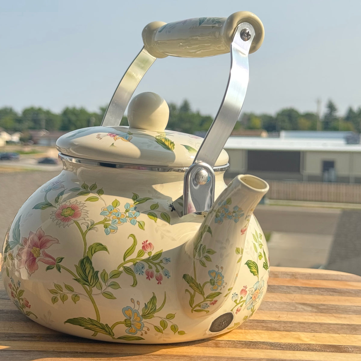 Vintage Floral Enamel Whistling Tea Kettle