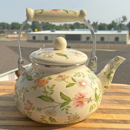 Vintage Floral Enamel Whistling Tea Kettle
