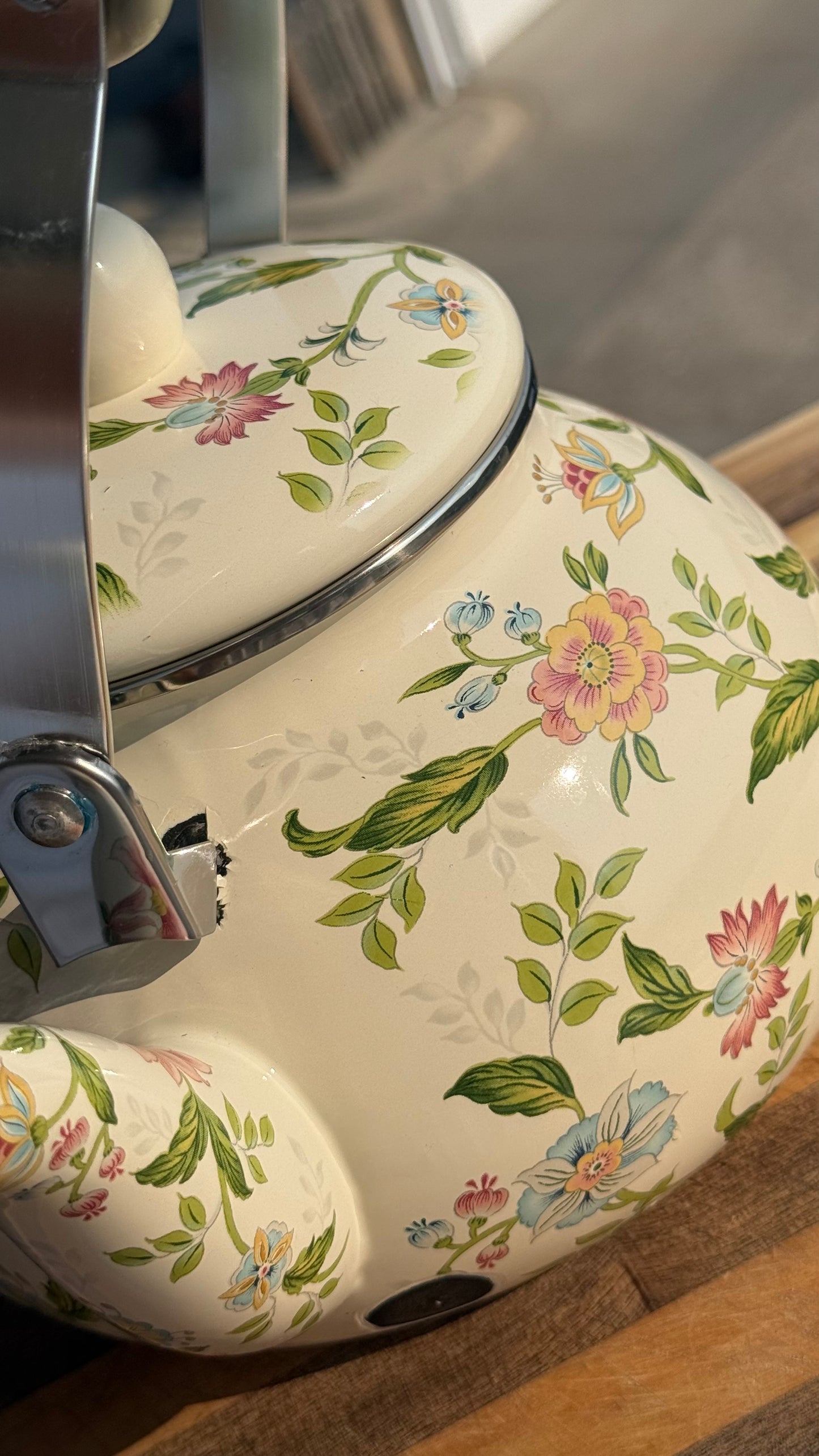 Vintage Floral Enamel Whistling Tea Kettle