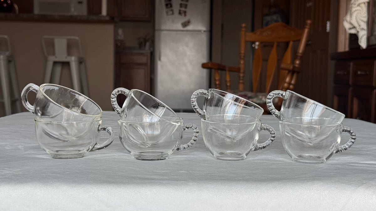 Vintage Clear Glass Punch Cups with Mixed Handles - Set of 8