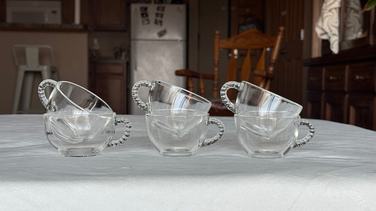 Vintage Clear Glass Punch Cups with Mixed Handles - Set of 8