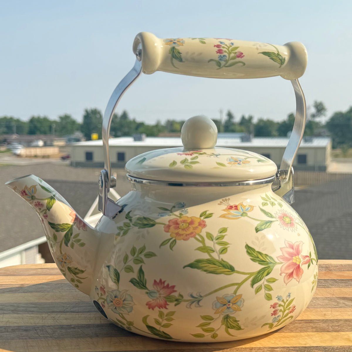Vintage Floral Enamel Whistling Tea Kettle